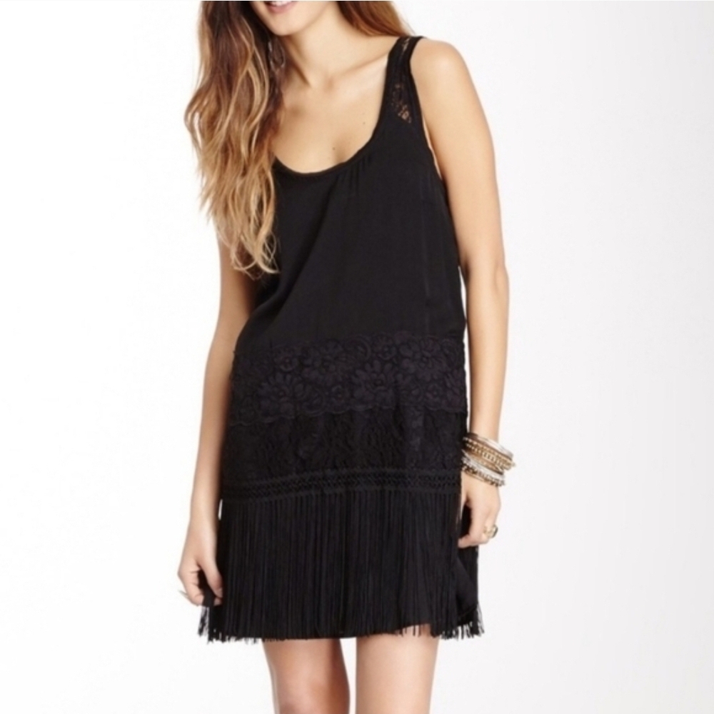 Free People Black Lace Fringe Homecoming Charleston mini Dress NWT Sz 0 Small XS
